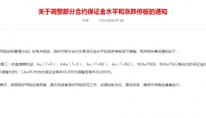 上海黄金交易所：7月17日收盘起，调整部分合约保证金水平和涨跌停板